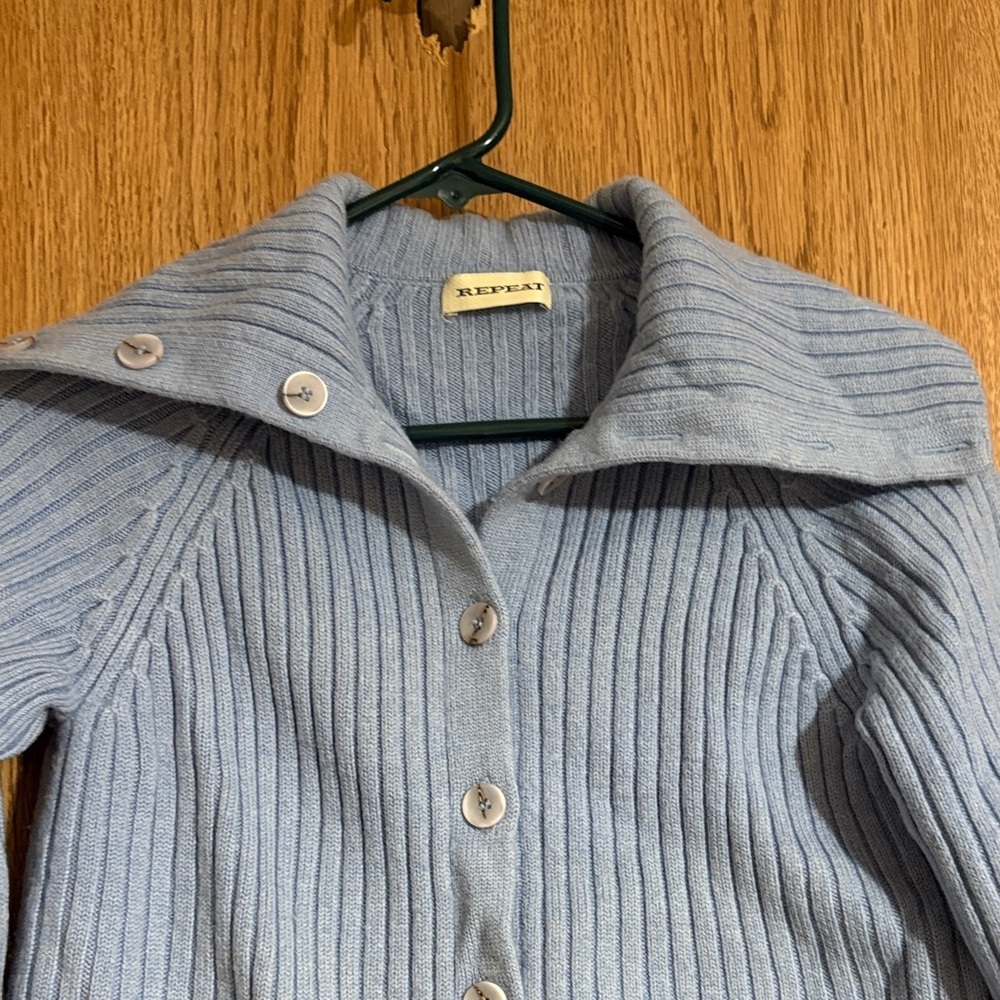 REPEAT Stylish Blue Ribbed Cardigan 100% merino Wool (looks like a size medium) - Picture 3 of 9